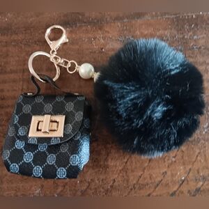 Elegant Black Purse Keychain/ Bag Charm with Pom Pom